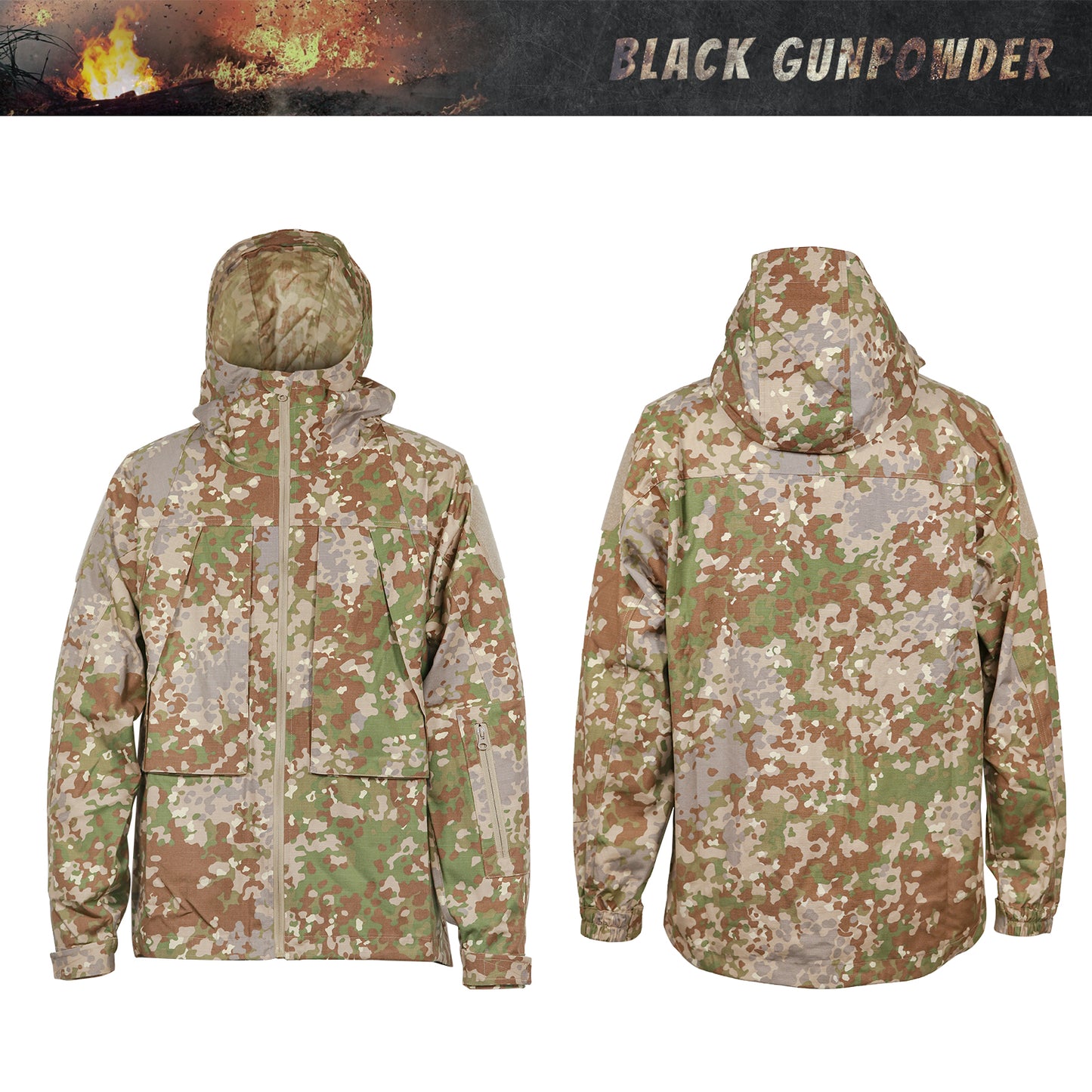 Black Gunpowder Men's Tactical Hooded Jacket Airsoft Hunting Paintball Flecktarn Camo