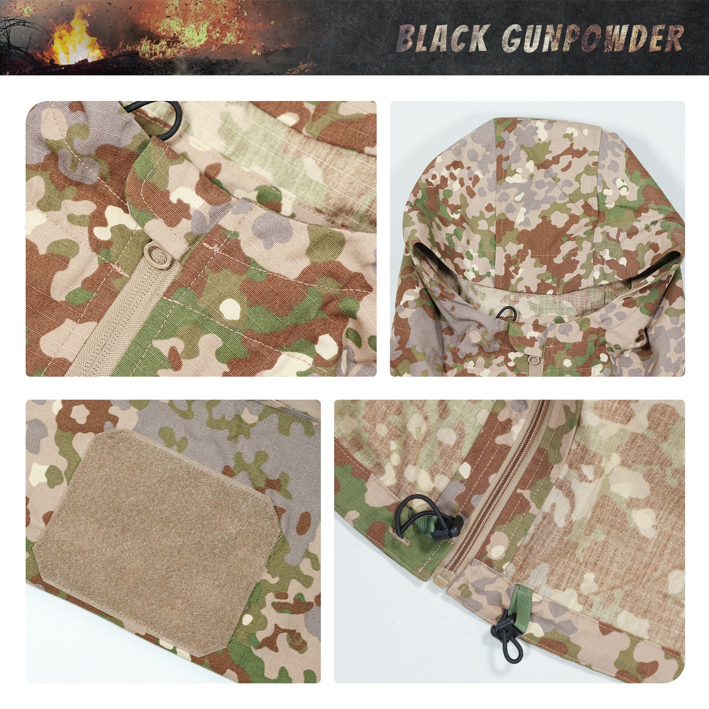 Black Gunpowder Men's Tactical Hooded Jacket Airsoft Hunting Paintball Flecktarn Camo