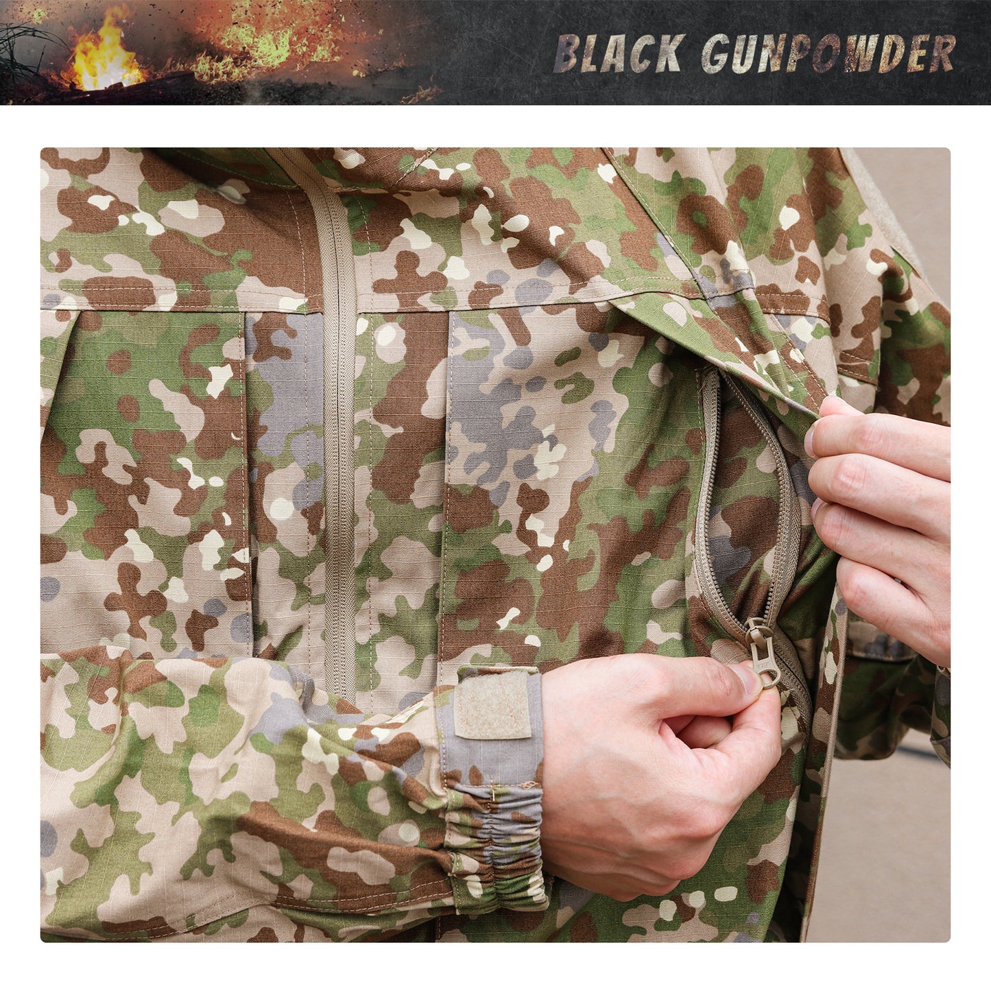 Black Gunpowder Men's Tactical Hooded Jacket Airsoft Hunting Paintball Flecktarn Camo