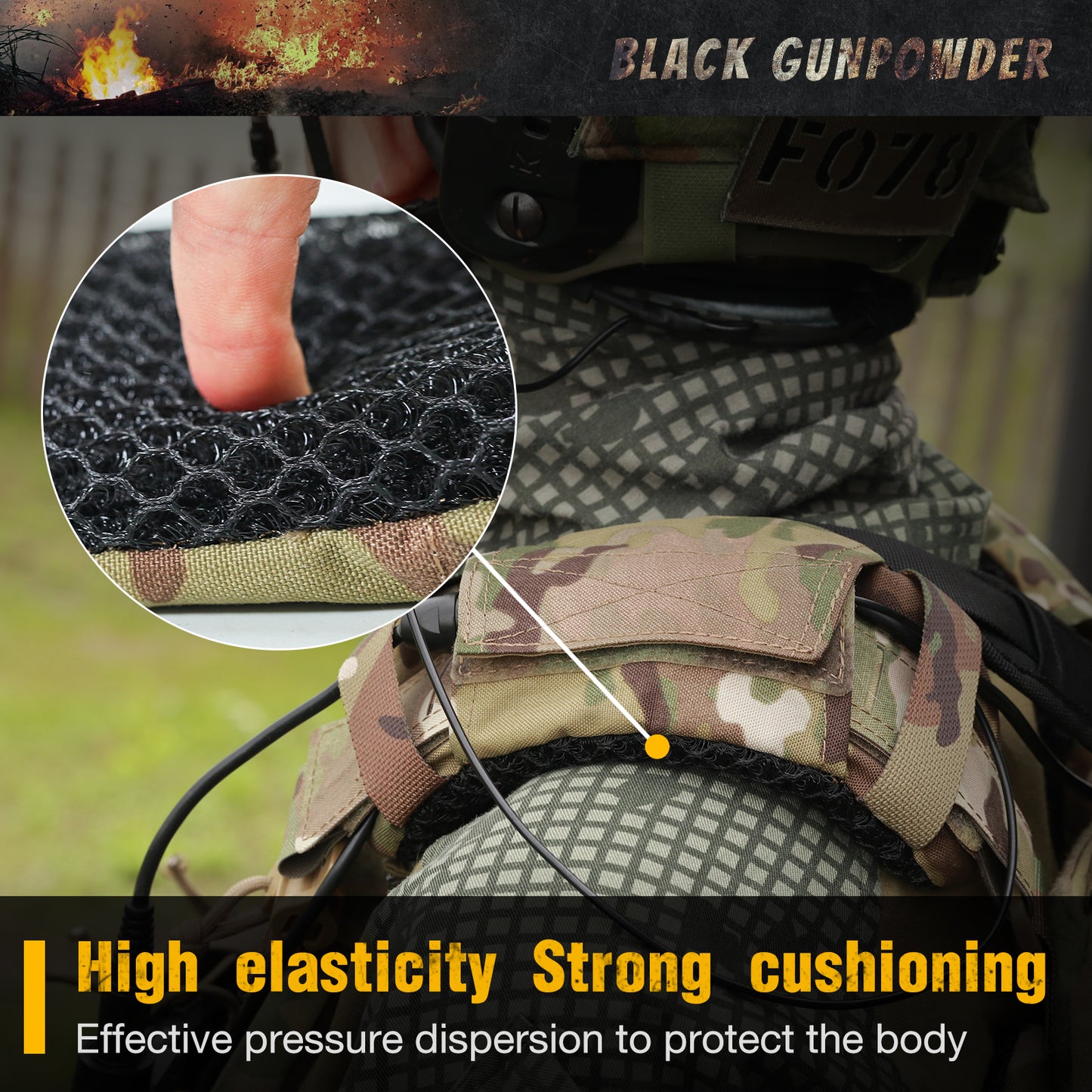Black Gunpowder Tactical Shoulder Pads 3D Breathable Honeycomb Cooling Pads 1 Pair