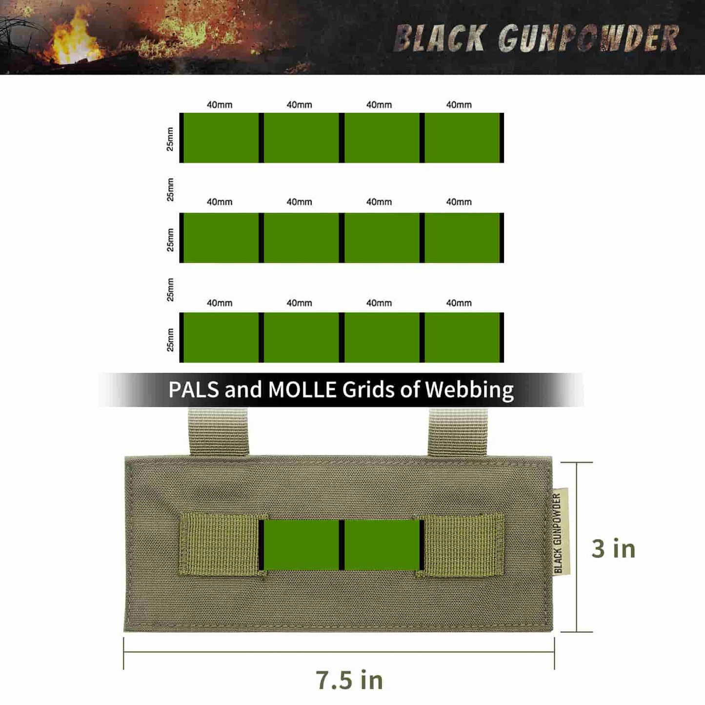 Black Gunpowder Molle Hook and Loop Velcro Panel Tactical Morale Patches Board Even Number  Gear Attachment (Black)