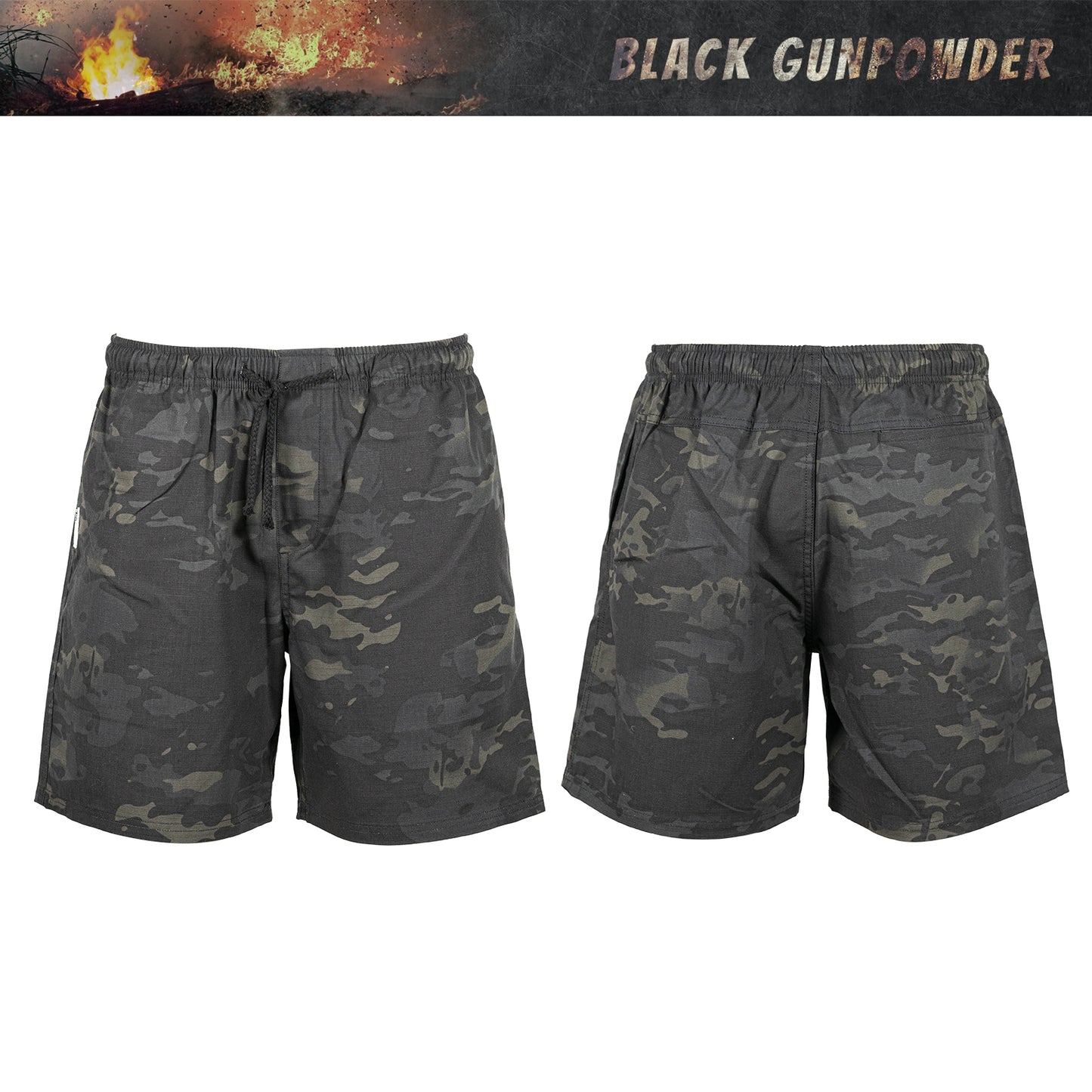 Black Gunpowder Men's Casual Shorts 6-inch Drawstring Elastic Waist Tactical Camo Short Outdoor