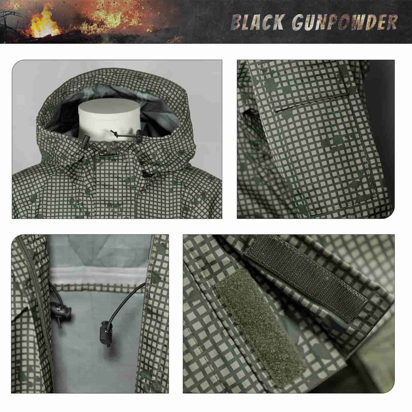 BLACK GUNPOWDER Men’s Waterproof Lightweight Hooded Raincoat Shell Jacket Desert Night Military Tactical Camouflage Outdoor Multifunction