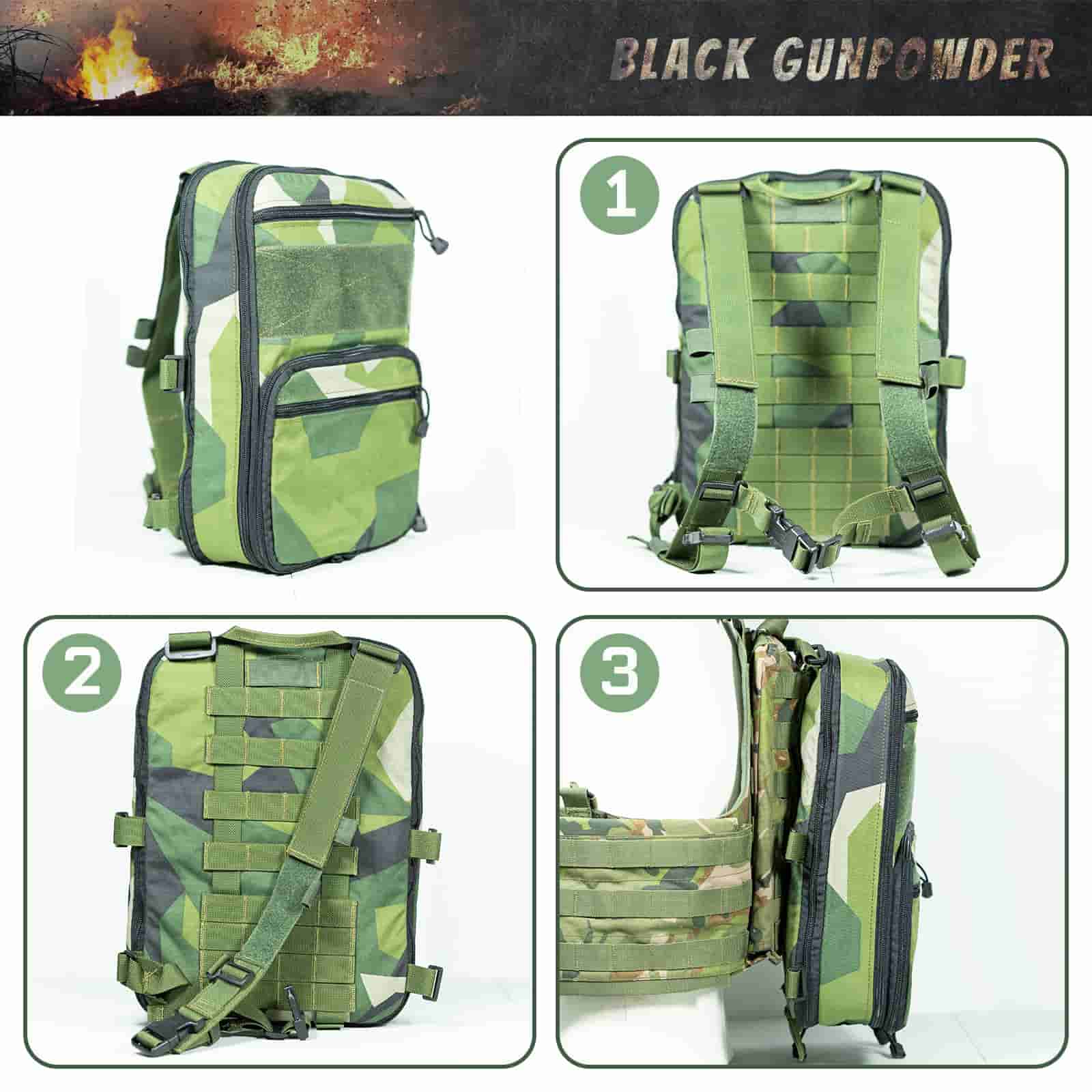 Black Gunpowder Tactical Travel Backpack 8L-16L Expandable