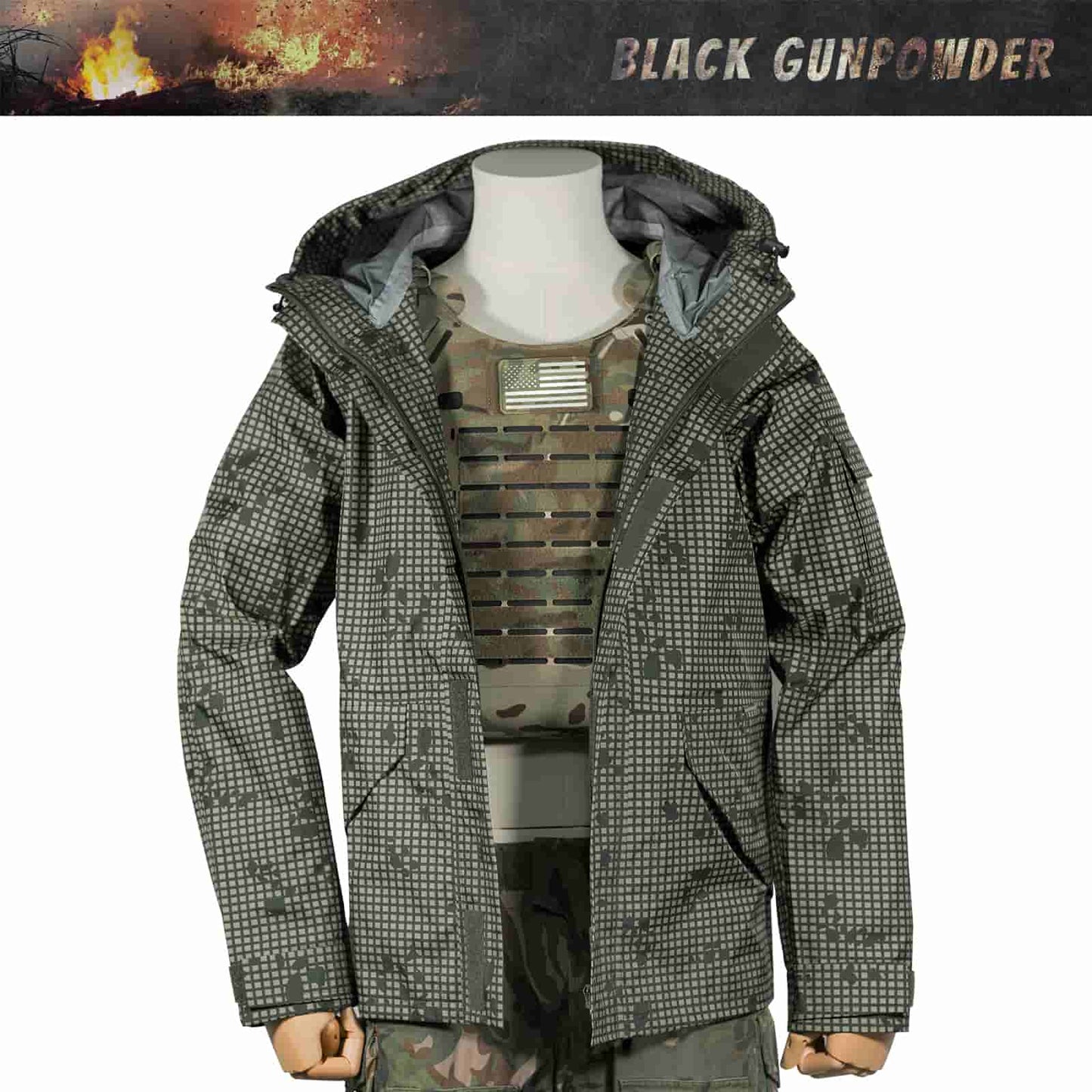 BLACK GUNPOWDER Men’s Waterproof Lightweight Hooded Raincoat Shell Jacket Desert Night Military Tactical Camouflage Outdoor Multifunction