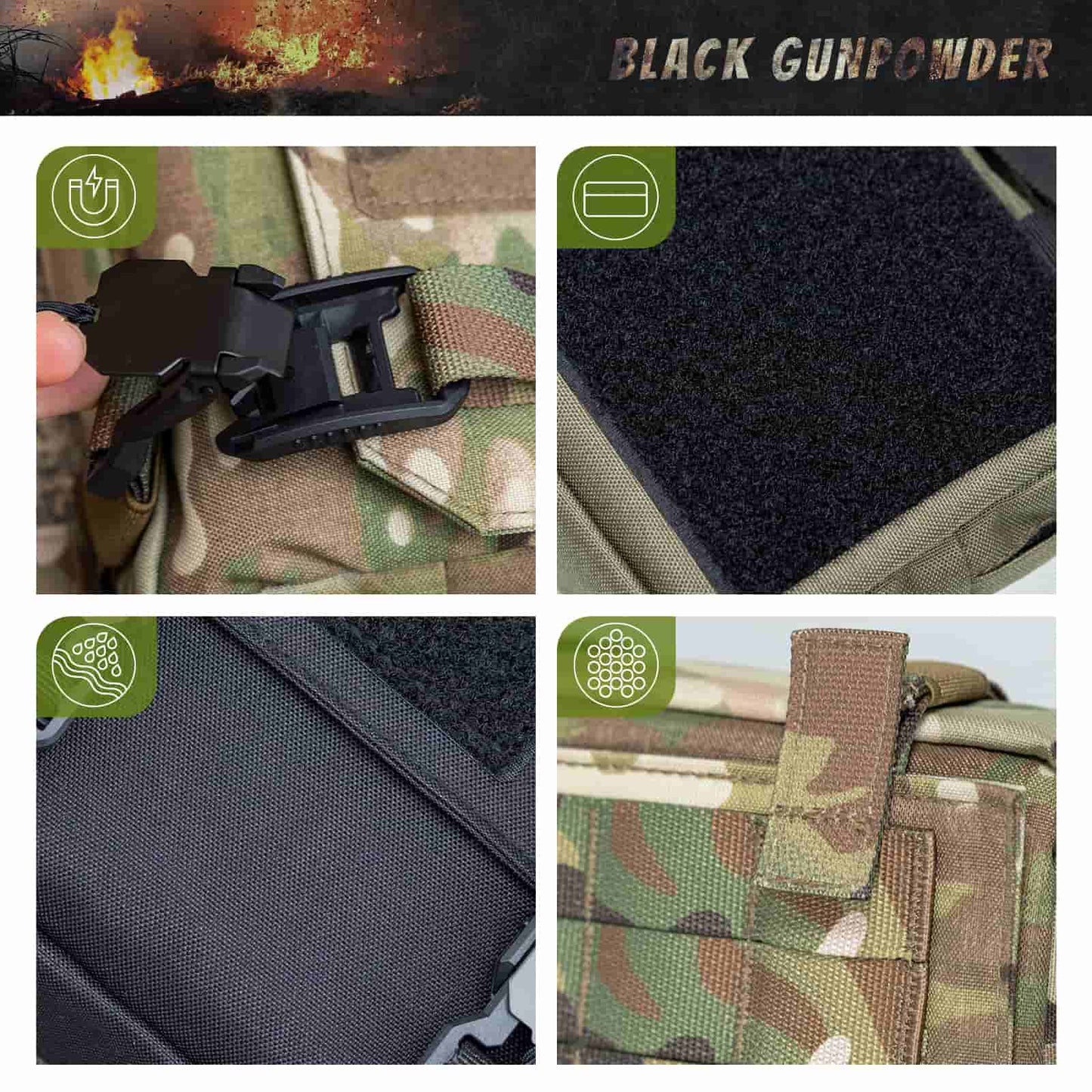 Black Gunpowder Tactical Molle Pouch, Quick Release Hook-and-Loop MOLLE Add-on Pouch EDC Tool Pouch Bag