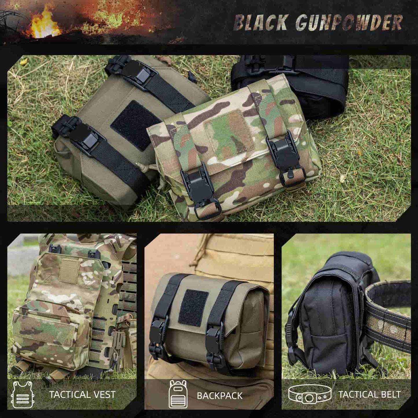 Black Gunpowder Tactical Molle Pouch, Quick Release Hook-and-Loop MOLLE Add-on Pouch EDC Tool Pouch Bag