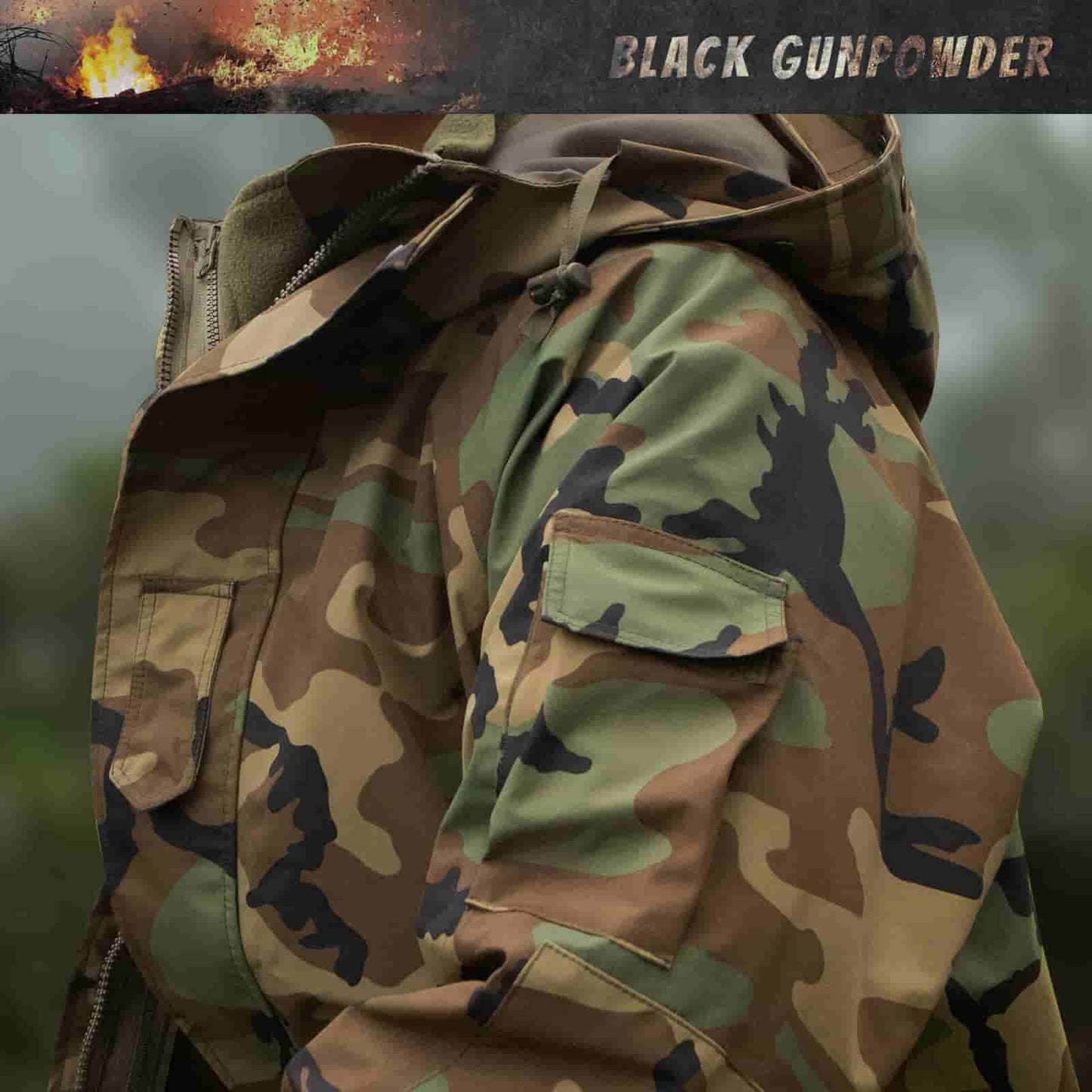 Black Gunpowder U.S. Woodland Hooded Windproof Field Jacket With Detachable Warm Fleece Lining
