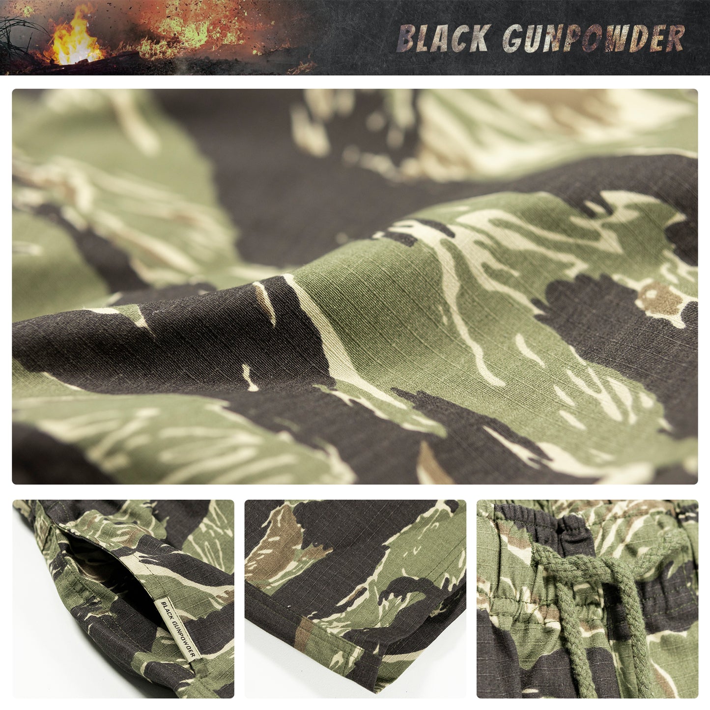 Black Gunpowder Men's Casual Shorts 6-inch Drawstring Elastic Waist Tactical Camo Short Outdoor