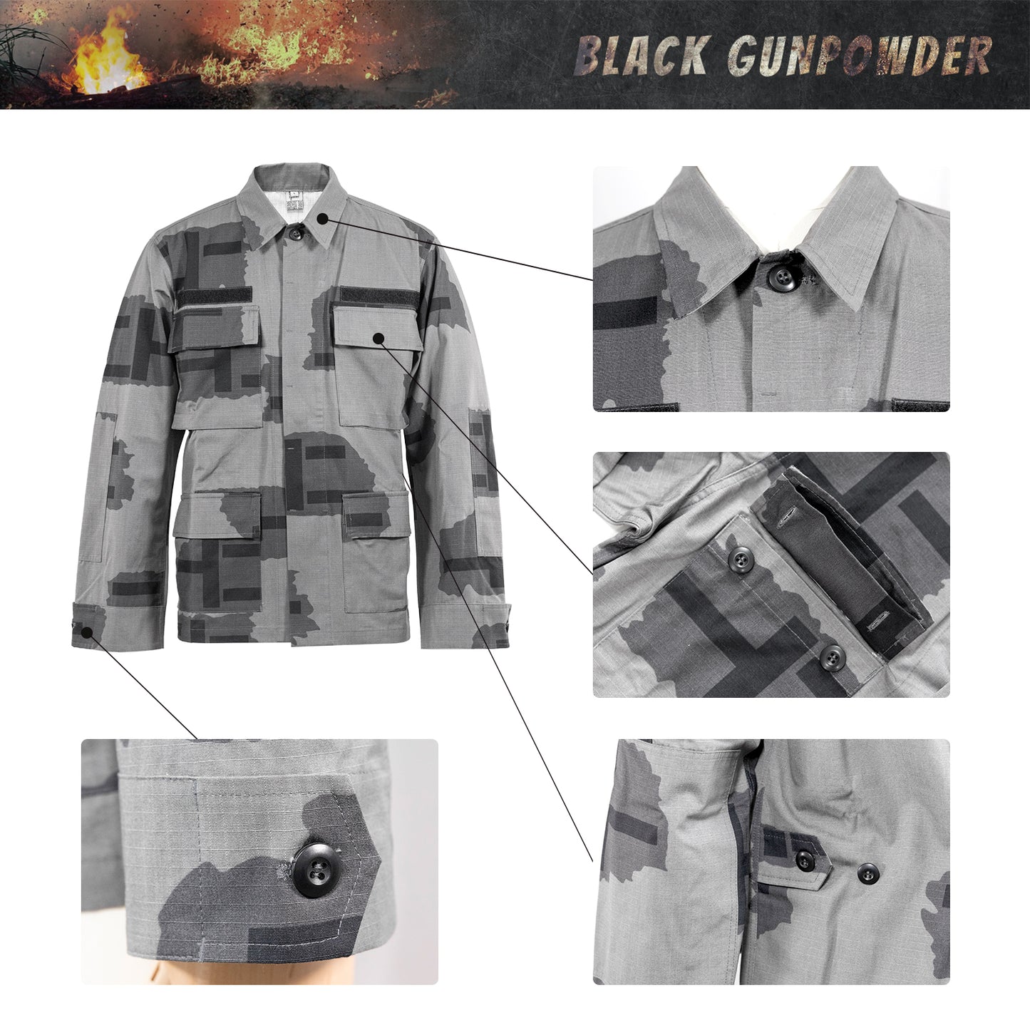 Black Gunpowder BDU Uniform Shirt Men Tactical Camo Military Paintball Airsoft Hunting Hiking Outdoor