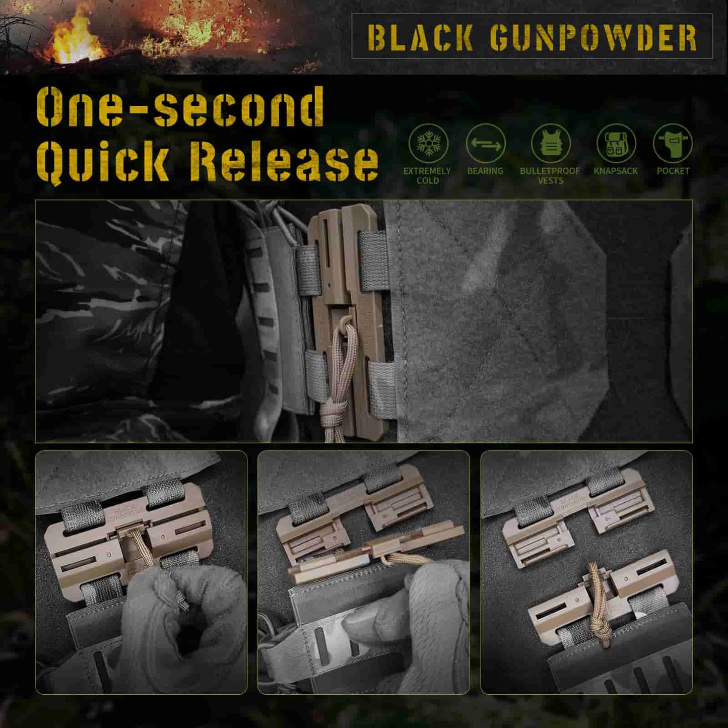 Black Gunpowder Magnetic Quick Release Buckle One-Handed Operation DIY Tactical and Outdoor Backpack Strap Belt Accessories 2 Pack