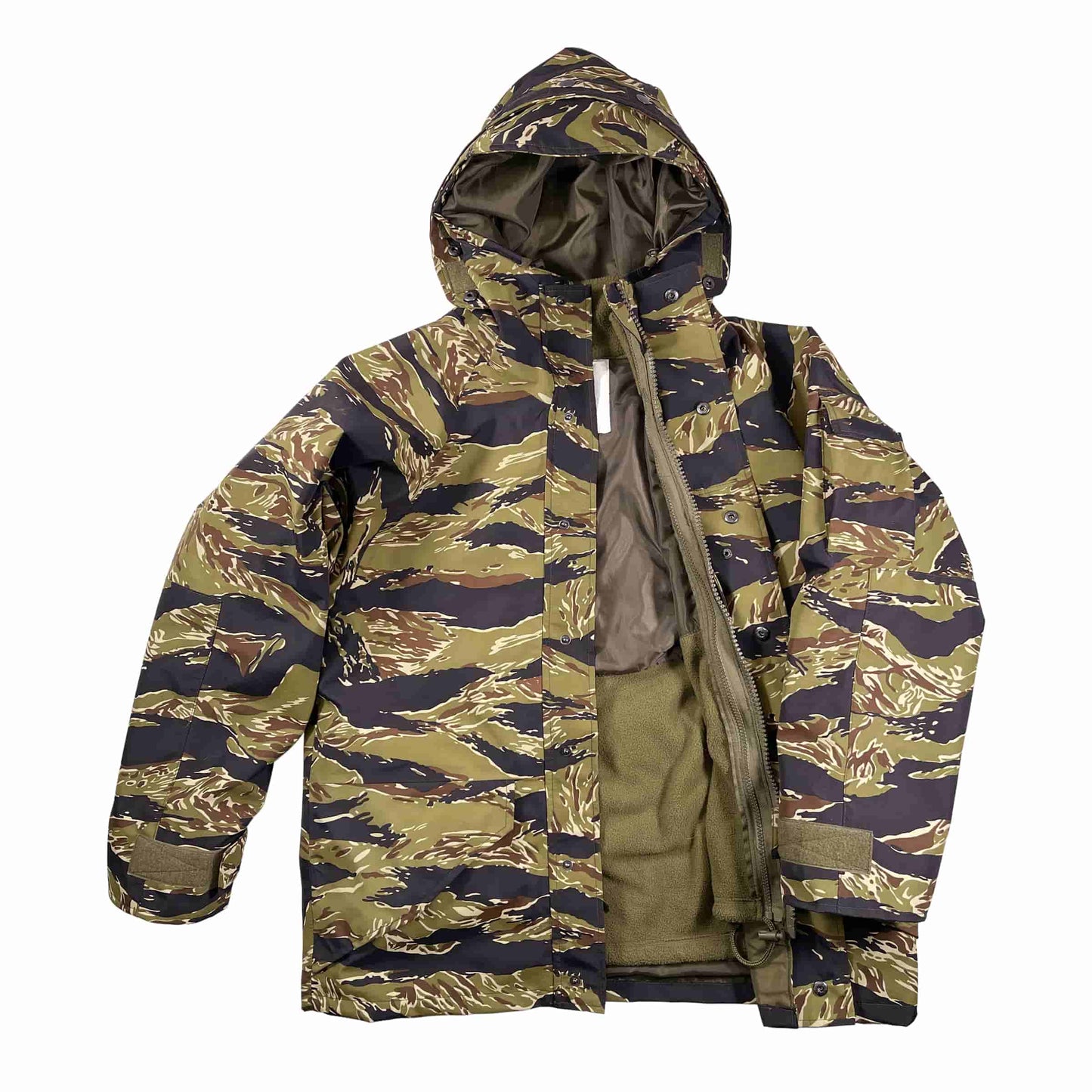 Black Gunpowder Tiger Stripe Hooded Windproof Field Jacket With Detachable Warm Fleece Lining